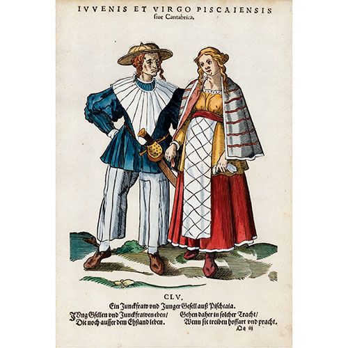 Sub.:24 - Lote: 95 - AMMAN. Jost (1539-1591); WEIGEL el Viejo, Hans (1549-1577) CANTABRIA. JOVENES EN TRAJE DE FIESTA.IUVENIS ET VIRGO PISCAIENSIS sive Cantabrica. Nremberg 1577.