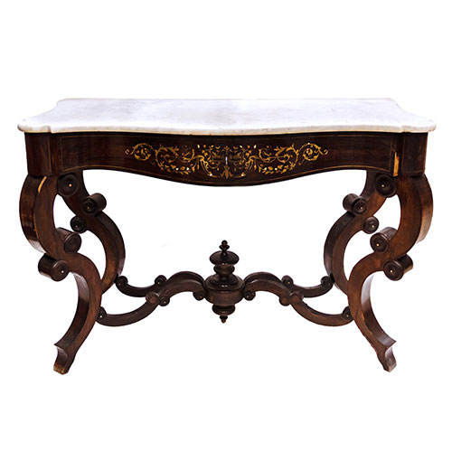 Sub.:24 - Lote: 1419 -  Consola isabelina en palo santo con marqueter�a en lat�n y n�car y tapa de m�rmol. 