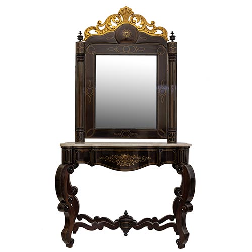 Sub.:25 - Lote: 245 -  Consola de época Reina Gobernadora con espejo, en madera de palosanto y marquetería metálica. S. XIX.