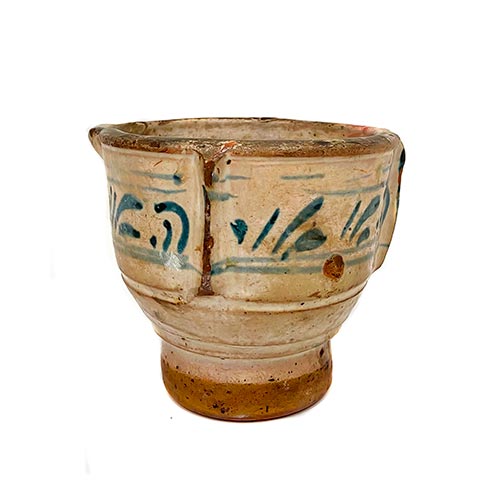 Sub.:25 - Lote: 1309 -  Mortero del siglo XVIII en cer�mica de Villafeliche con decoracion azul. Restaurada