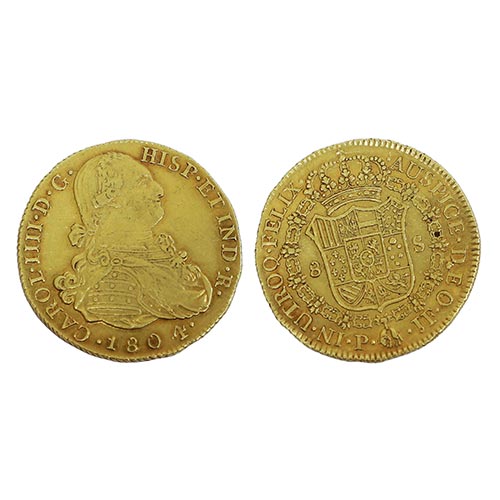 Sub.:25 - Lote: 1525 -  Onza de Carlos IV realizada en oro y fechada en 1804. P-JF. Acuada en Popayan. 8 reales.
