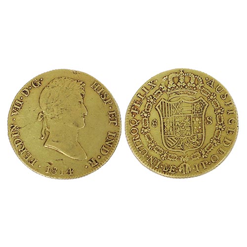 Sub.:25 - Lote: 1526 -  Onza de Fernando VII realizada en oro y fechada en 1814. Acuada en Lima. 8 reales.