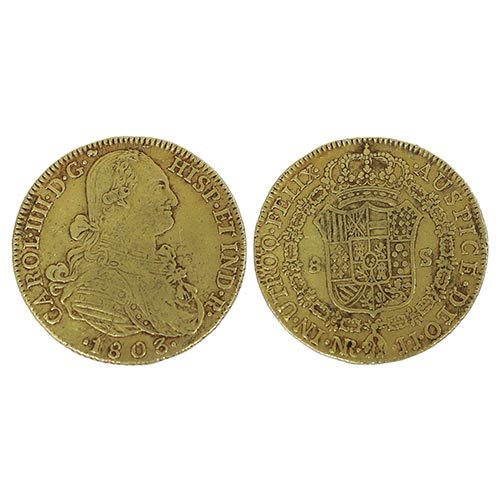 Sub.:25 - Lote: 1527 -  Onza de Carlos IV realizada en oro y fechada en 1803. NR-JJ. Acuada en Nuevo Reino. 8 reales.