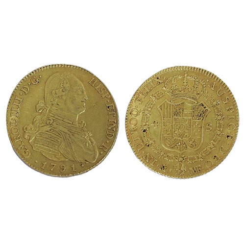 Sub.:25 - Lote: 1528 -  Media onza de Carlos IV realizada en oro y fechada en 1791. M-MF. Acuada en Madrid. 4 reales.