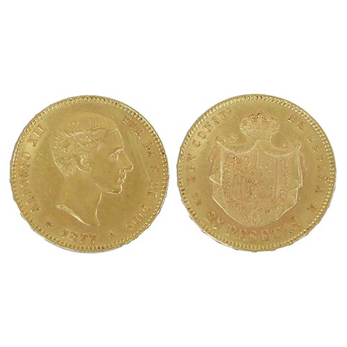 Sub.:25 - Lote: 1532 -  Moneda de 25 pesetas de Alfonso XII realizada en oro y fechada en 1877. 77. DE. M.