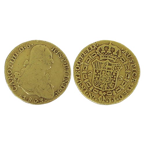 Sub.:25 - Lote: 1533 -  Moneda de dos escudos de Carlos IV realizada en oro y fechada en 1803. N.R. JJ. Acuada en Nuevo Reino.