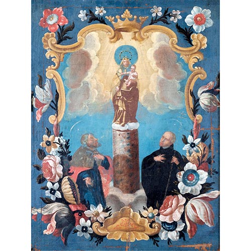 Sub.:25 - Lote: 147 - ESCUELA ARAGONESA S. XVIII Virgen del Pilar con Orla de Flores