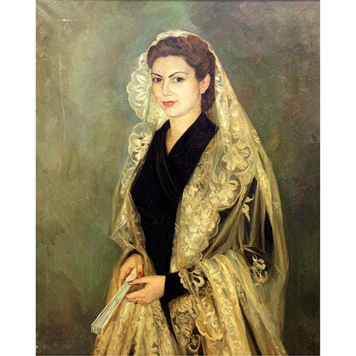 Sub.:25 - Lote: 75 - MIGUEL VAQUER CALUMARTE (Ondara, Valencia, 1910-1988) Retrato de dama con mantilla