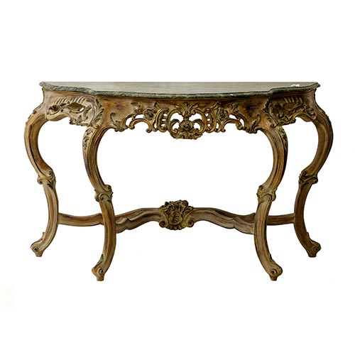 Sub.:25 - Lote: 341 -  Consola estilo Luis XV en madera tallada y dorada. Con tapa de mrmol. Siglo XX.