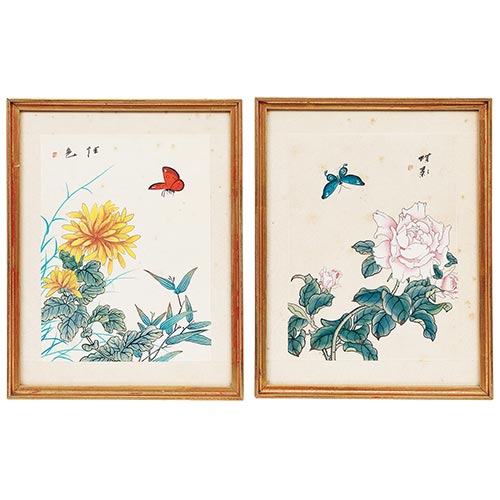 Sub.:26 - Lote: 18 -  Pareja de acuarelas japonesas con flores. Enmarcadas.