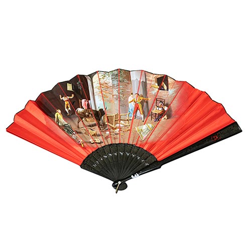 Sub.:26 - Lote: 196 -  Abanico en seda con escena taurina pintada y tejidas y varillaje en madera de �bano tallada.