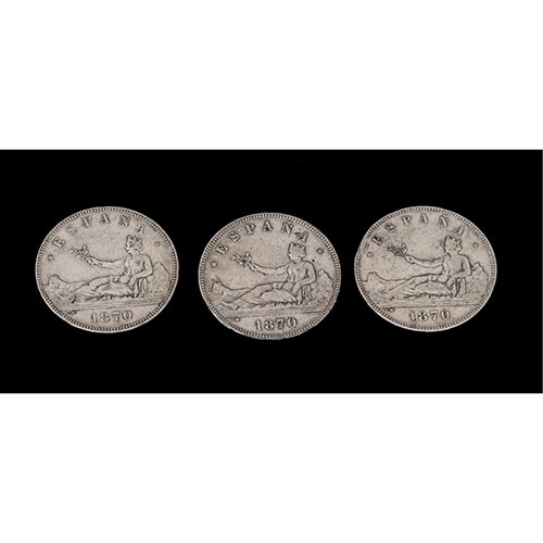 Sub.:26 - Lote: 1424 -  Tres monedas de 5 pesetas en plata de la Repblica, 1870.