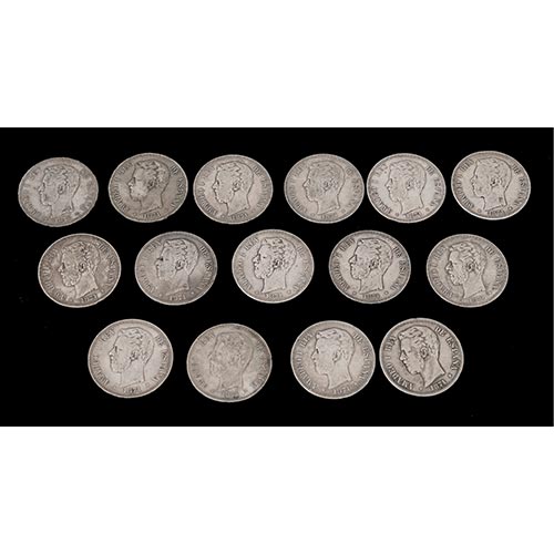 Sub.:26 - Lote: 1422 -  Quince monedas de 5 pesetas realizados en plata de Amadeo I, 1871.