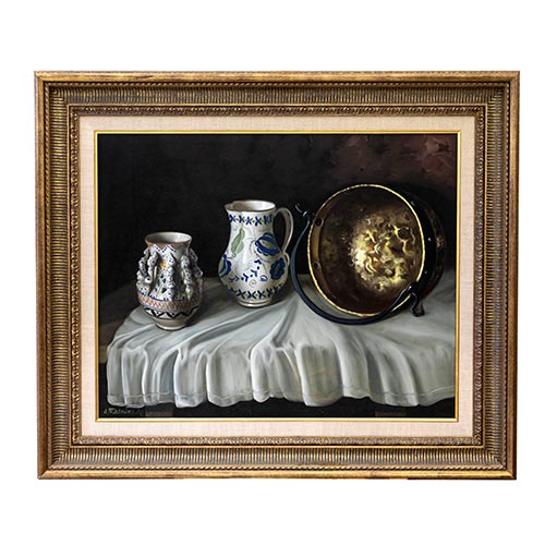 Sub.:26 - Lote: 97 - JOSE ROSALES AROTEGUI (Granada, 1924) Bodegn con cermicas y cobre