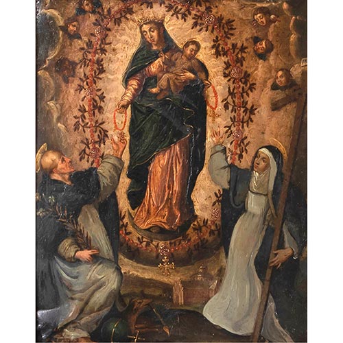 Sub.:26 - Lote: 1135 - ESCUELA ESPAÑOLA S. XVII Virgen del Rosario con Santo Domingo de Guzmán y Santa Elena
