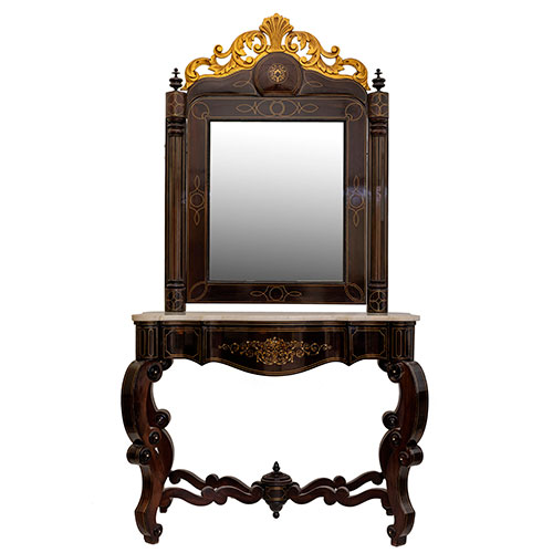 Sub.:27 - Lote: 1160 -  Consola de poca Reina Gobernadora con espejo, en madera de palosanto y marquetera metlica