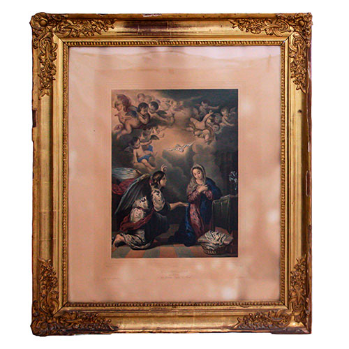 Sub.:27 - Lote: 6 -  Litografía coloreada de la Anunciación de Murillo con marco isabelino con cantoneras en estuco.