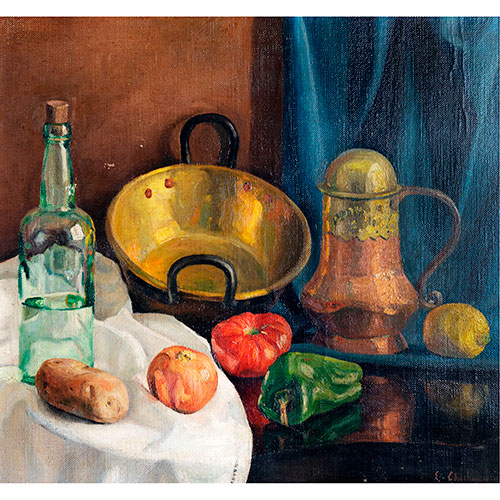 Sub.:27 - Lote: 1083 - EDUARDO CHICHARRO Y AGERA (Madrid, 1873 -1949) Bodegn de cobre y verduras