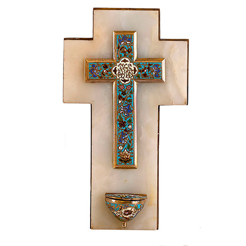 Sub.:27 - Lote: 1336 -  Aguabenditera con cruz realizada en esmalte sobre base de nix.