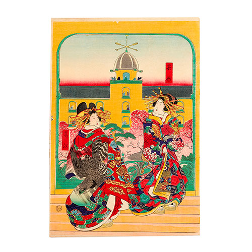 Sub.:27 - Lote: 39 - UTAGAWA YOSHITORA (Act. 1844-1880) Dos Oirans en el patio de la casa Impeiro