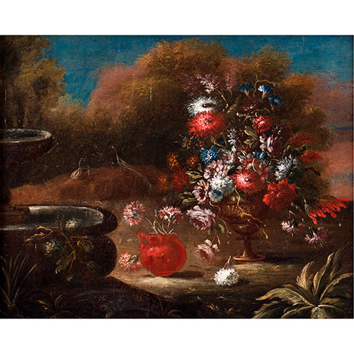 Sub.:27 - Lote: 1130 - SEGUIDOR DE GASPARO LPEZ, S. XVIII Jarrn con flores y fuente en un paisaje