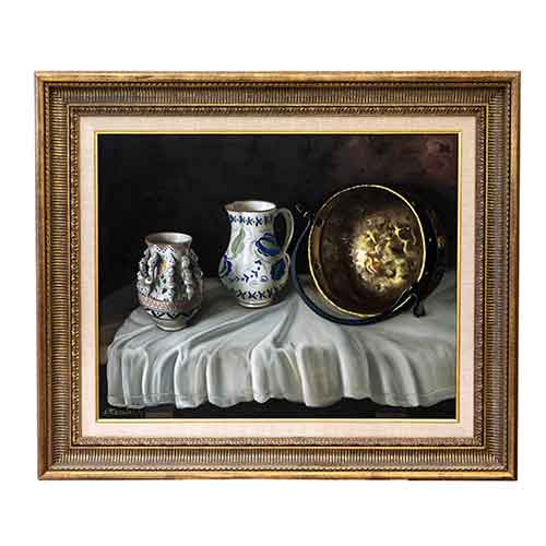 Sub.:28 - Lote: 69 - JOSE ROSALES AROTEGUI (Granada, 1924) Bodegn con cermicas y cobre