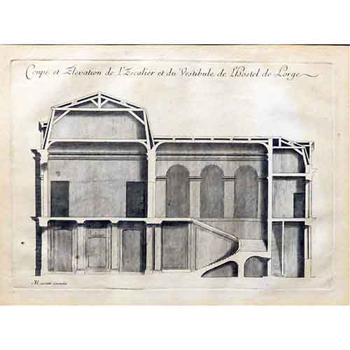 Sub.:28 - Lote: 1019 - JEAN MARIETTE (1660-1742) Coupe et elevation de l`escalier et du vestibule de l`hostel de Lorge