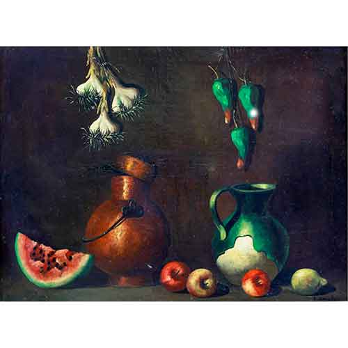 Sub.:28 - Lote: 75 - ANTONIO AMODEO (SEVILLA, 1928 - 2012) Bodegn con vasijas y piezas de fruta