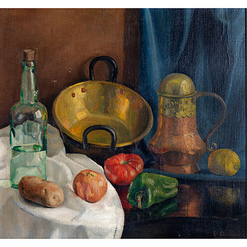 Sub.:29 - Lote: 54 - EDUARDO CHICHARRO BRIONES (Madrid, 1905-1964) Bodegón de cobre y verduras