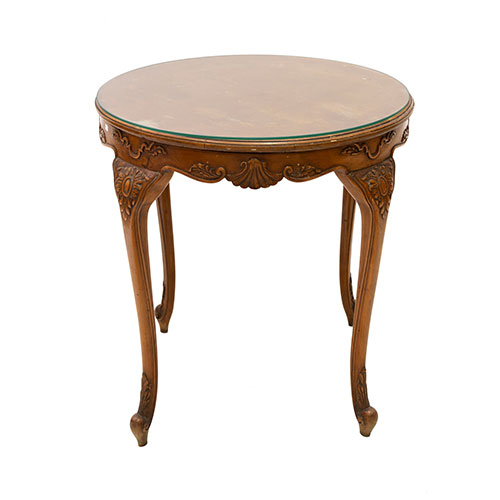 Sub.:3-On - Lote: 53 -  Mesa redonda auxiliar en madera, con tapa de cristal.