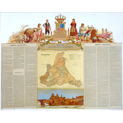 Sub.:3 - Lote: 17 - Francisco BORONAT Y SATORRE S. XIX Provincia de Zaragoza. Escudo, mapa, vista de la ciudad y resea.