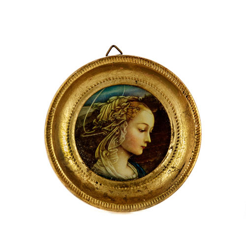 Sub.:3 - Lote: 482 -  Miniatura con figura de Virgen en marquito circular dorado copia de Botticelli