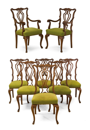 Sub.:3 - Lote: 486 -  Conjunto de sillera de comedor estilo ingls formado por dos sillones y seis sillas. Desperfectos.