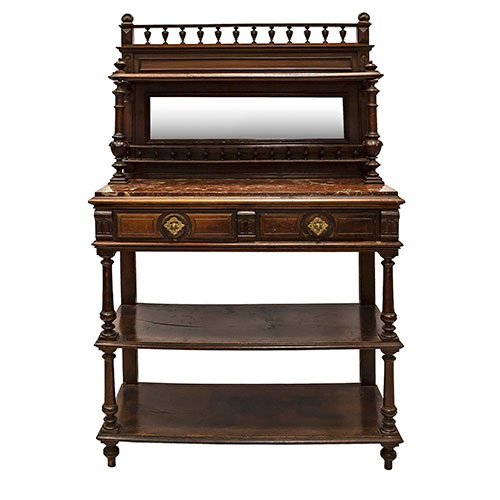 Sub.:30 - Lote: 188 -  Aparador alfonsino en madera tallada con baldas, dos cajones en cintura, tapa de m�rmol y espejo en el frente.