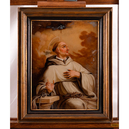 Sub.:30 - Lote: 139 - ESCUELA ESPA�OLA S. XVIII Santo con h�bito blanco que porta los s�mbolos de la flagelaci�n de Jes�s. �leo bajo cristal