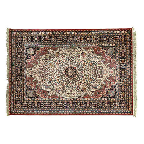 Sub.:31 - Lote: 213 -  Alfombra estilo zil-e sultan con gol como motivo central enmarcado por roleos florales y jarrones florales en los extremos y borde dividido en 6 franjas con orlas vegetales.