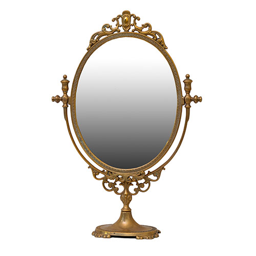 Sub.:31 - Lote: 293 -  Espejo de tocador basculante en bronce con copete.