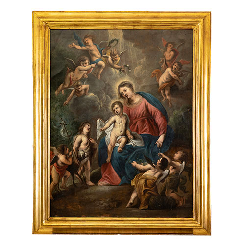 Sub.:31 - Lote: 100 - ESCUELA FLAMENCA, S. XVII La Virgen con el Niño y San Juanito rodeado de ángeles
