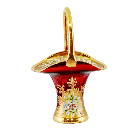 Sub.:31 - Lote: 328 -  Cesta decorativa en cristal tintado y dorado, con decoraci�n floral pintada.