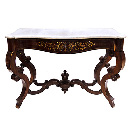 Sub.:32 - Lote: 169 -  Consola reina gobernadora en palo santo con marqueter�a en lat�n y n�car y tapa de m�rmol