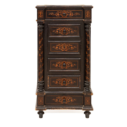 Sub.:32 - Lote: 287 -  Mesilla Napole�n III en madera ebonizada y marqueter�a floral.Consta de cuatro cajones y puerta abatible con tiradores de madera flanqueados por columnas. Tapa en m�rmol blanco