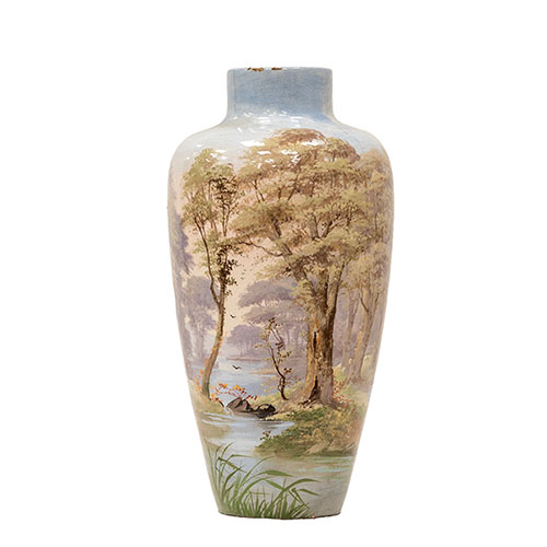 Sub.:32 - Lote: 110 -  Jarrn en cermica decorado con paisaje fluvial pintado, Francia S. XIX.