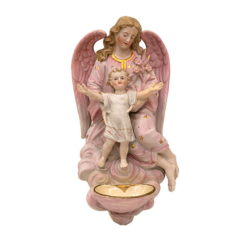 Sub.:32 - Lote: 216 -  Aguabenditera en biscuit policromado representando al �ngel de la Guarda, Francia S.XIX