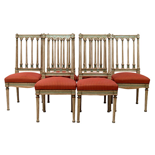 Sub.:32 - Lote: 1411 -  Seis sillas estilo directorio en madera lacada en tonos verdes y dorado de principios del siglo XX.