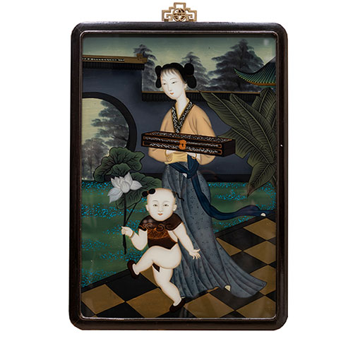 Sub.:32 - Lote: 1357 -  Cristal pintado de tema oriental con marco