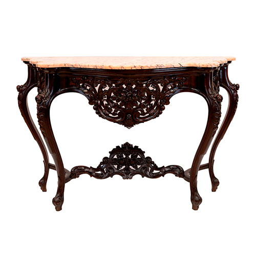 Sub.:33 - Lote: 1300 -  Consola isabelina en madera de palisandro tallada con gran fald�n calado y tapa de madera original