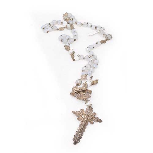 Sub.:34 - Lote: 333 -  Rosario de filigrana de plata con cuentas de piedra de luna