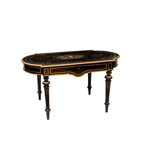 Sub.:35 - Lote: 167 -  Mesa de centro Napolen III, en madera ebonizada con marquetera de latn y ncar y apliques en bronce