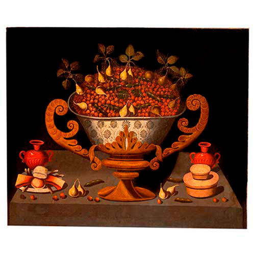 Sub.:35 - Lote: 200 - BERNARDO POLO (ACTIVO S. XVII) Frutero con cerezas y peras