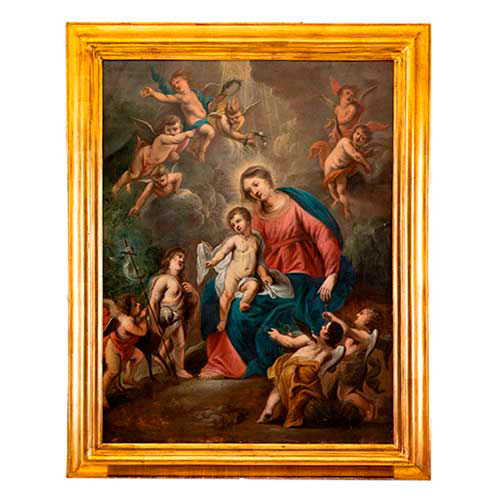 Sub.:35 - Lote: 171 - ESCUELA FLAMENCA S. XVII La Virgen con el Nio y San Juanito rodeado de ngeles